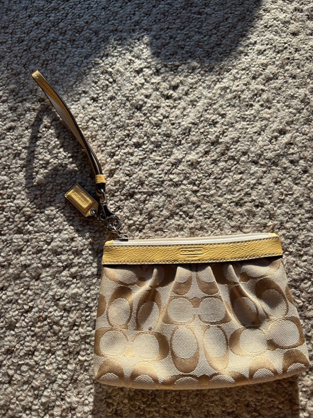 Coach Beige Signature Canvas Wristlet with Yellow Trim